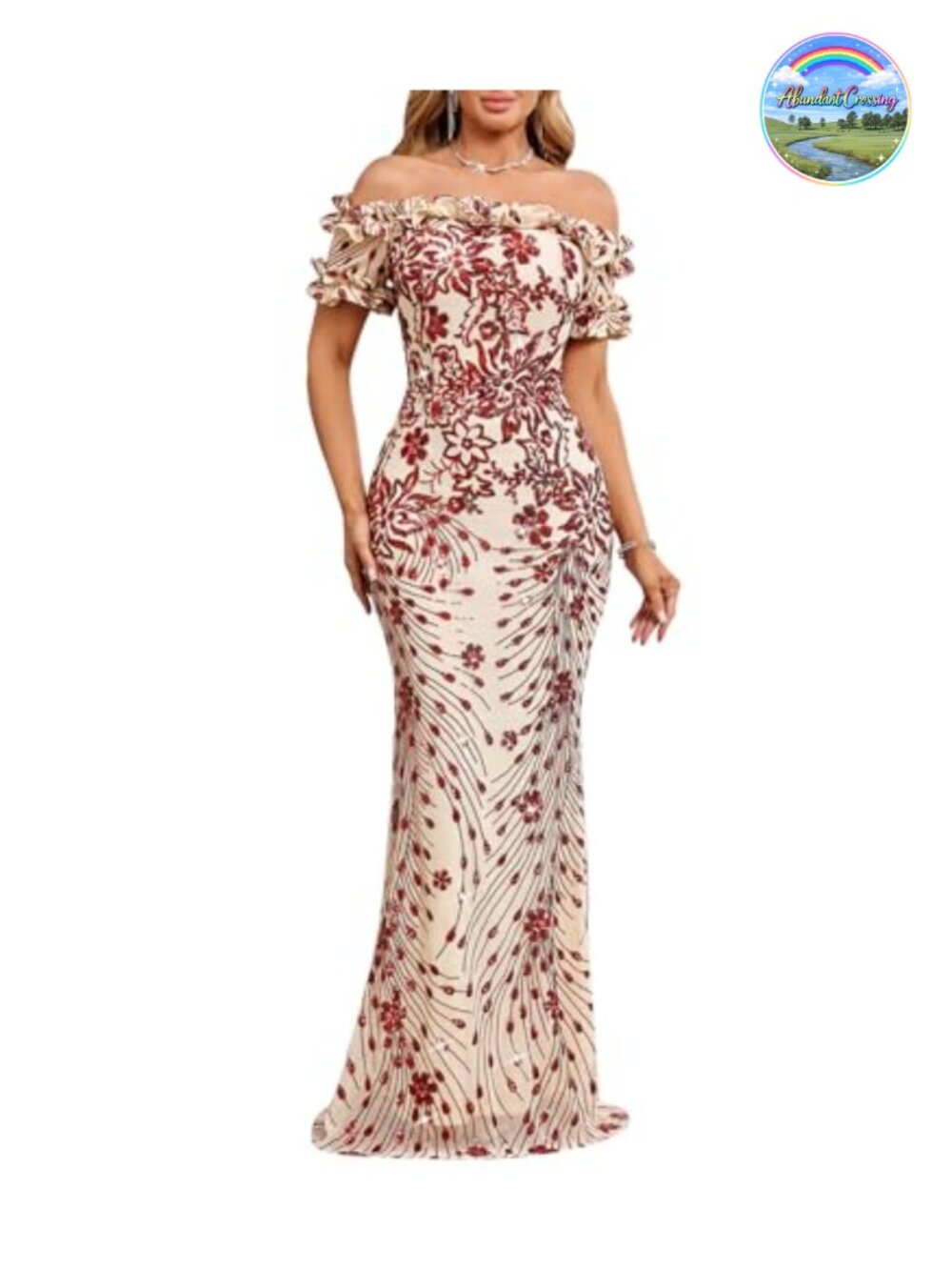 Sequin Off Shoulder Ruffle Sleeve Bodycon Mermaid Maxi Dress Formal Evening